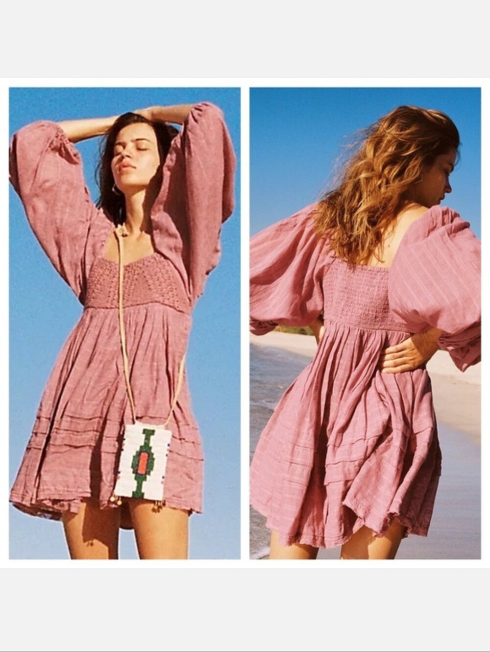 Free People Ari Smocked Crocheted Blush Pink Mini Dress Women's Size Med - Picture 11 of 11